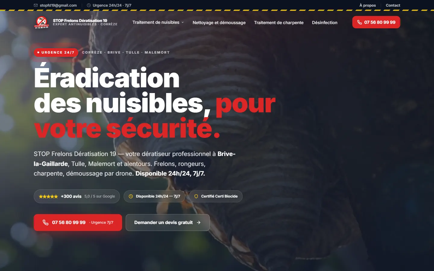 Site internet de STOP Frelons Dératisation 19, gestion des nuisibles à Malemort-sur-Corrèze